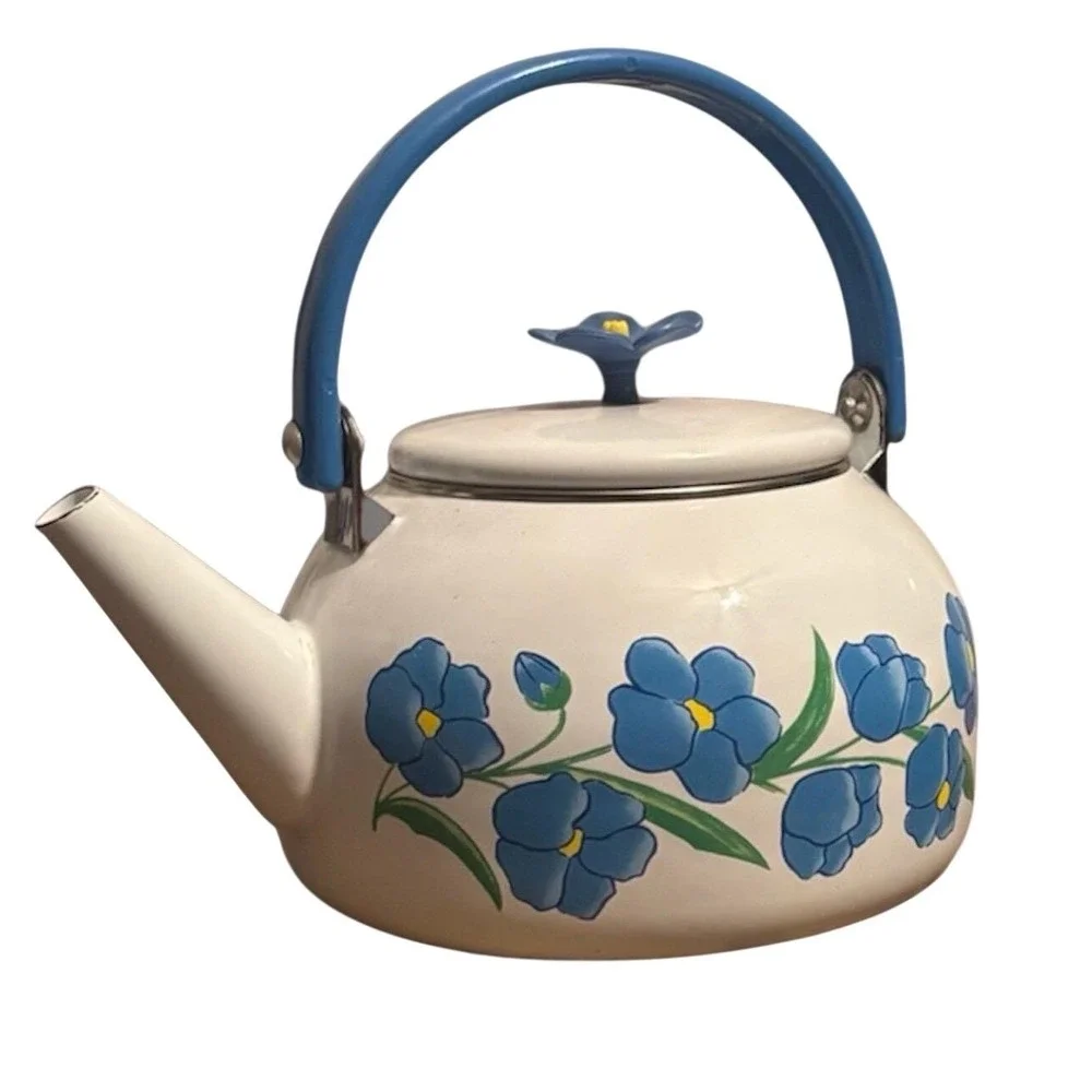 Vintage Blue Floral Enamel Tea Kettle White Stovetop Teapot Forget-Me-Not Design